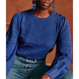 Like New Sezane Soline 100% Cotton Puff Sleeve Sweater Royal Blue Large